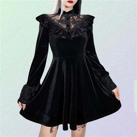 Black Goth Aesthetic Velvet Long Sleeve Mini Dress | Goth Aesthetic Shop