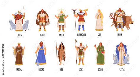 Norse Gods And Goddesses Set Germanic Pagan Deities Nordic Mythology Ancient Loki Thor Odin