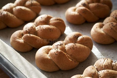 Freshly Baked Braided Bread Buns Made From Whole Grain Spelt Flour