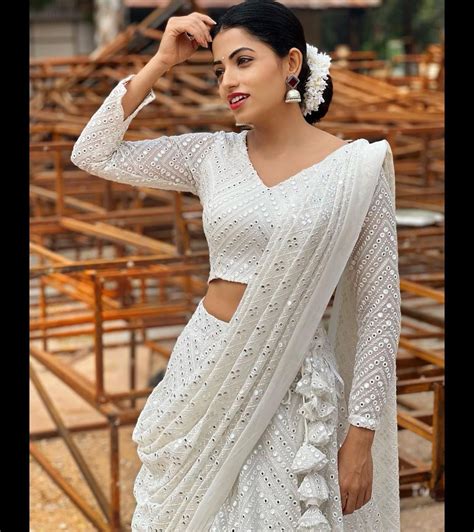 Stunning Actress Navya Swamy Wearing Pearl White Color Mirror Work