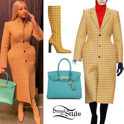 Cardi B: Yellow Checked Coat and Boots | Steal Her Style