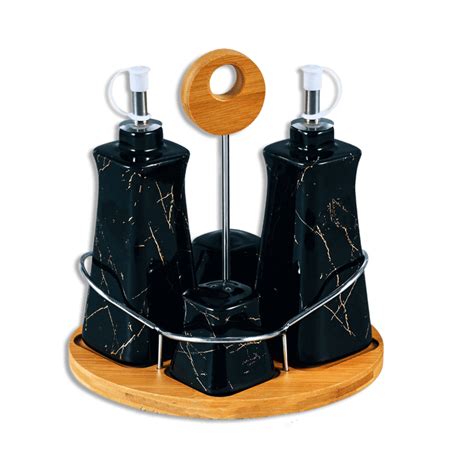 Momaz Black Marble Seasoning Set With Bamboo Stand Freeshop