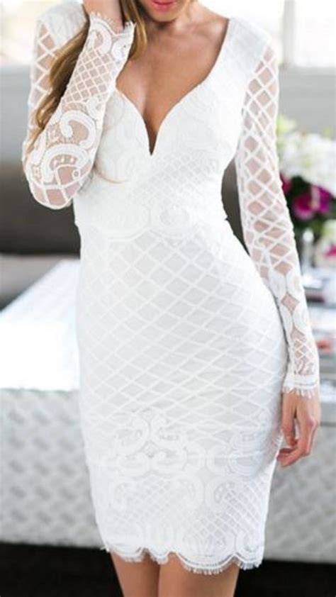 So Pretty Gorgeous White Lace Cocktail Dress White Lace Plunging Neck Long Sle Long Sleeve