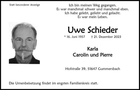 Traueranzeigen Von Uwe Schieder Wirtrauern