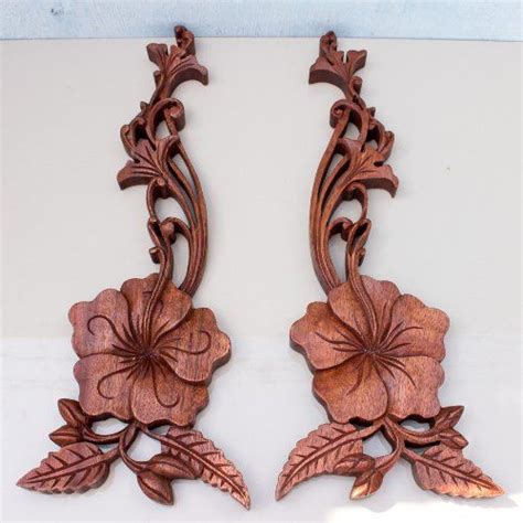 Tropical Flowers Relief Wood Wall Panel Decorative Art From Bali Pair