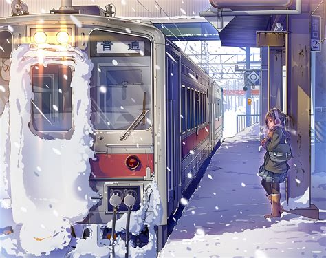 anime, train station, train, landscape HD Wallpaper