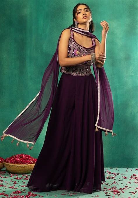 Buy Women Purple Sharara Set With Floral Mirror Embroidered Blouse And