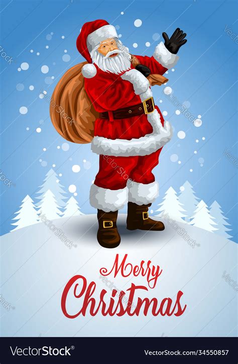 Merry Christmas Poster Santa Claus With Gift Bag Vector Image