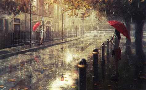 street, cityscape, anime, anime girls, rain, umbrella, ART, autumn, weather, season, screenshot ...