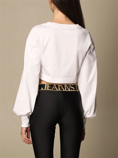 Versace Jeans Couture Cropped Sweatshirt With Baroque Print White Sweatshirt Versace Jeans