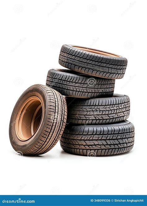 Stack of Five Worn Automobile Tires Isolated on White Background Stock