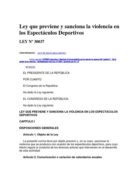 Ley 30037 Ley Que Previene Y Sanciona La Violencia En Los Espectáculos