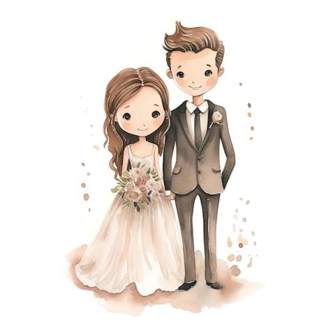 Premium AI Image | Watercolor cartoon wedding couple in white background