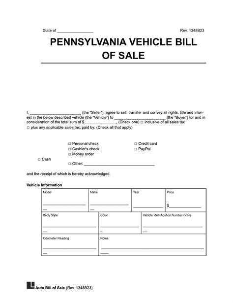 Free Pennsylvania Motor Vehicle Bill Of Sale Form Pdf Word