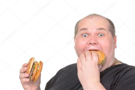 Fat Man Greedily Eating Hamburger — Stock Photo © Discovod 20049875