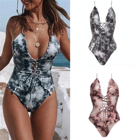 New Tie Dye Design Extreme Sexy Bikini Swimsuits Lace Up Plunge