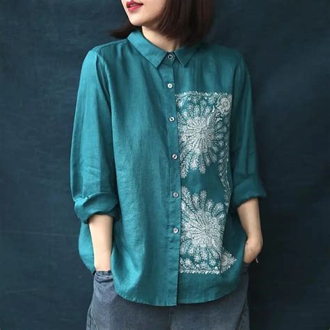 Baru Musim Semi Blus Wanita Vintage Katun Linen Dicetak Bordir