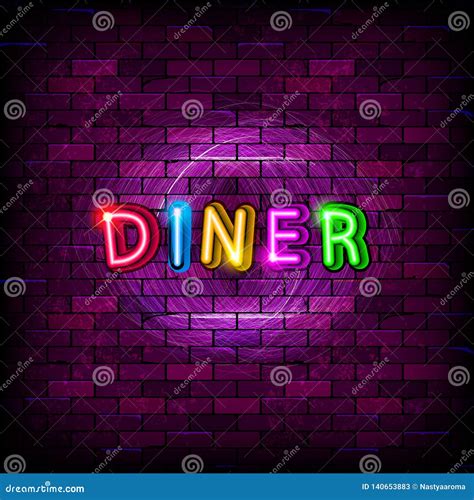 Diner Neon Sign on the Brick Wall Stock Illustration - Illustration of