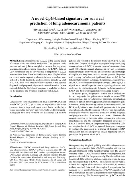 PDF A Novel CpGbased Signature For Survival Prediction Of Lung