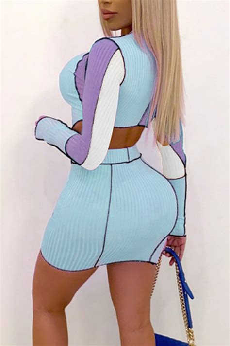 Wholesale Blue Sexy Solid Bandage Patchwork Frenulum Asymmetrical O Neck Long Sleeve Two Pieces