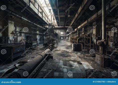 Creepy Abandoned Factory With Broken Machinery And Dust Covered Floors