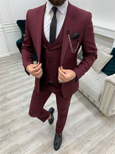 Burgundy Slim Fit Peak Lapel Suit For Men By