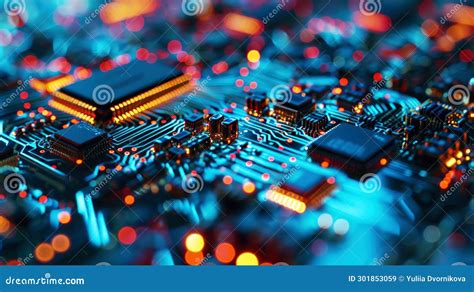 Technology Digital Binary Data On Microchip With Glow Circuit Board