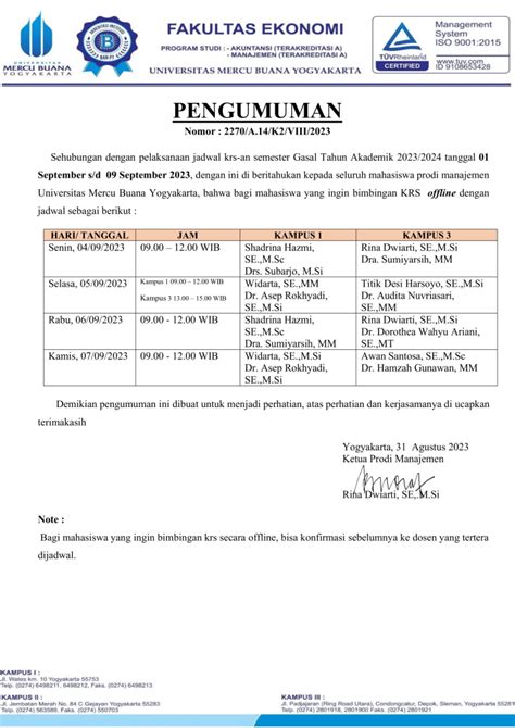 PENGUMUMAN BIMBINGAN KRS PRODI MANAJEMEN SEMESTER GASAL 2023 2024