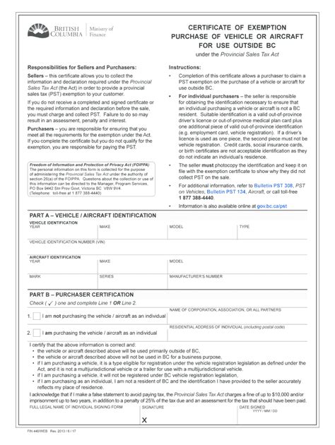 Fillable Online Sbr Gov Bc FIN 440 Certificate Of Exemption Purchase