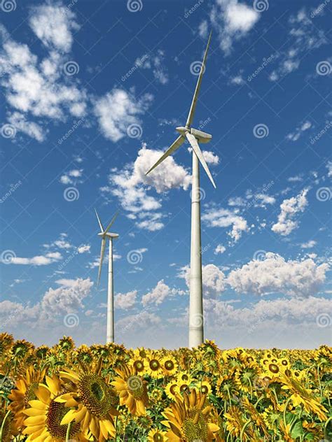 Wind Turbines In A Field Of Sunflowers Stock Illustration Illustration Of Plant Wind 114209270