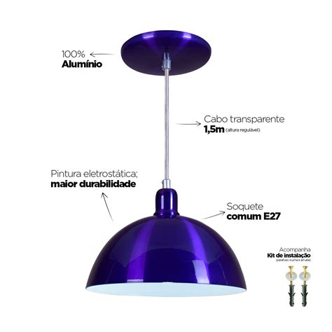 Pendente Meia Lua 24cm Luminária Lustre Alumínio Roxo Rei Da