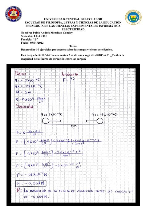 Ejercicios resueltos sobre carga eléctrica UNIVERSIDAD CENTRAL DEL