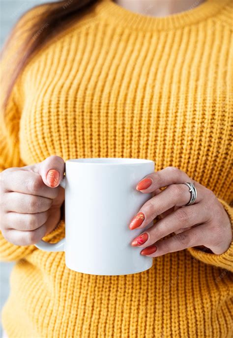 Premium Photo Closeup Woman Hands Holding White Mug For Mockup Design