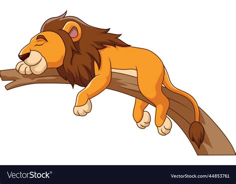 Cartoon lion sleeping on tree branch Royalty Free Vector