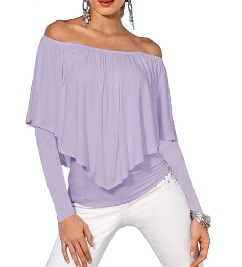 Women S Off Shoulder Tops Loose Ruffle Long Sleeve Tunic Shirt Light