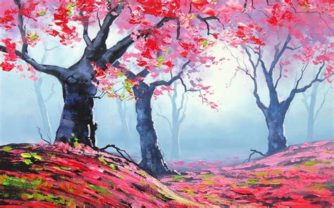 red trees, oil painting, red, painting, autumn, forest, 2K, autumn ...