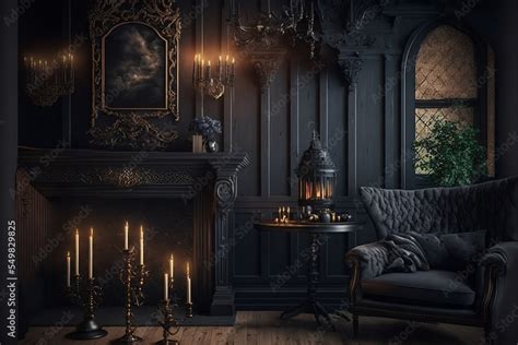 Gothic mansion victorian living room interior with wooden background ...