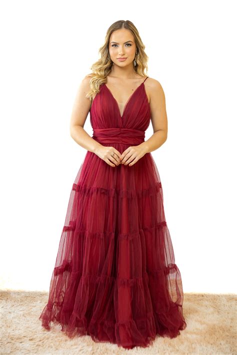 Vestido Longo Marsala Em Tule Saia Em Camadas Marias Brilho Das