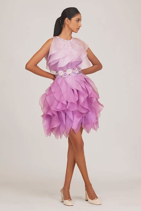 Buy Purple Organza Embroidered Floral Round Solid Dress With Belt For