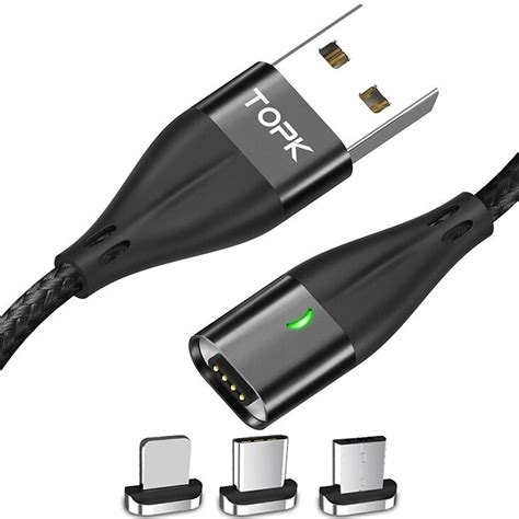 Kabel Magnetyczny 3w1 USB Do USB C Lightning Micro USB TOPK 2m Czarny