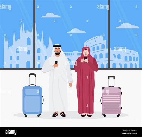 Vector Illustration Muslim Man Woman With Suitcases Use Cell Phones