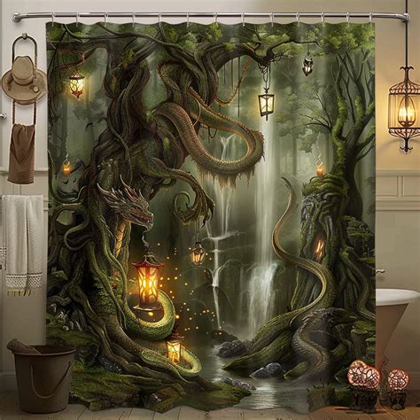 Enchanted Dragon Forest Shower Curtain Mystical Mossy Totems Ceramic