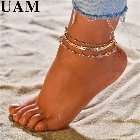 UAM Crystal Sequins Anklet Set For Women Beach Foot Jewelry Vintage