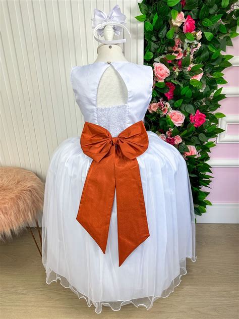 Vestido Marie Longo Branco Laço Terracota BELLI KIDS ATACADO