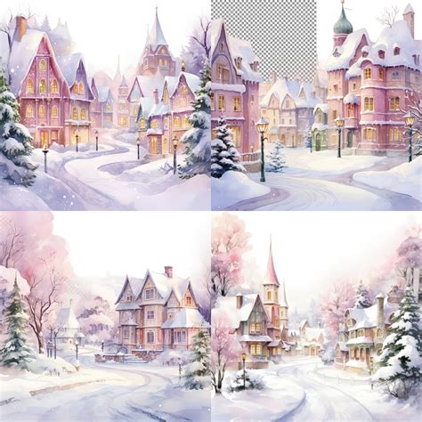 Snow-covered Village Clipart, Christmas Watercolor Illustration, Poster ...