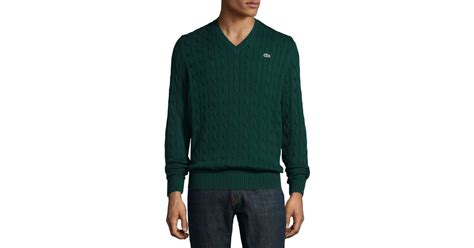 Lacoste Cable Knit Cotton V Neck Sweater In Green For Men Lyst