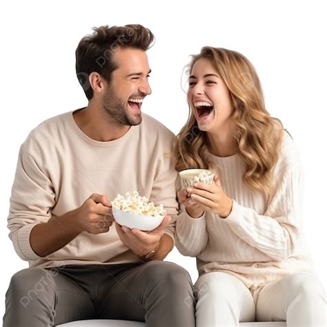 A Husband And His Wife Enjoy Popcorn On Christmas Eve While Watching Tv And Laughing Loudly