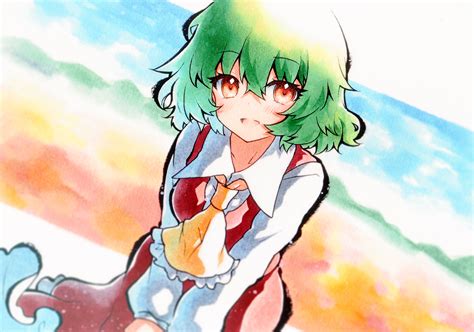 Safebooru 1girl Ascot Blush Collared Shirt Green Hair Hair Between