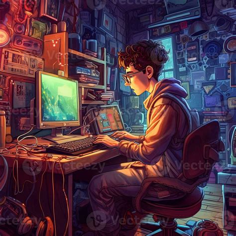 a young nerd in his room facing his computer, colorful comic style ...