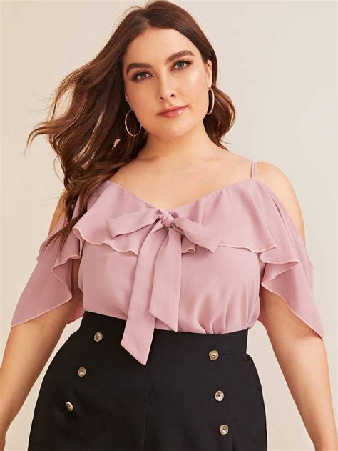 Plus Ruffle Trim Tie Front Cold Shoulder Top Curvy Collection Plus